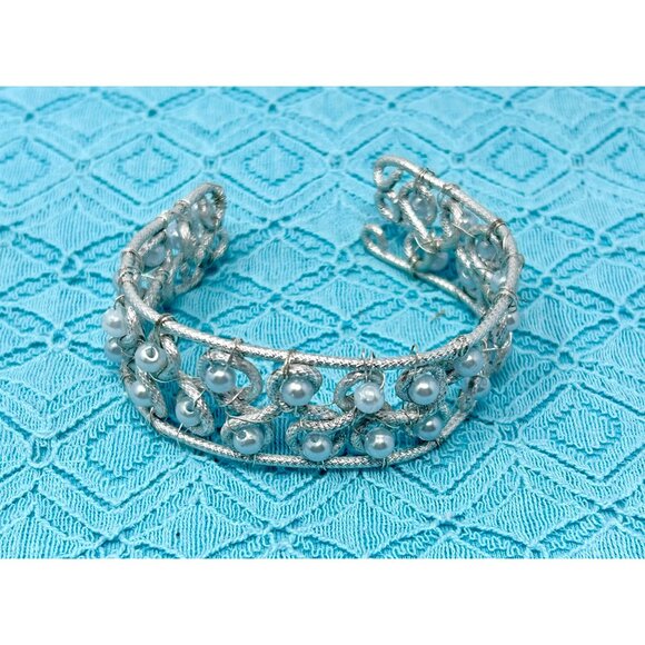 Three Bracelets - Wire Wrapped Green Stone, Light Blue Pearls, & Sparkly Bangle - Picture 5 of 5